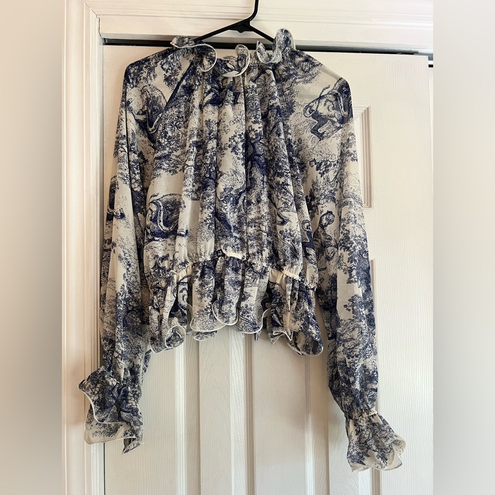 Moodie Navy and Cream Patterned Blouse